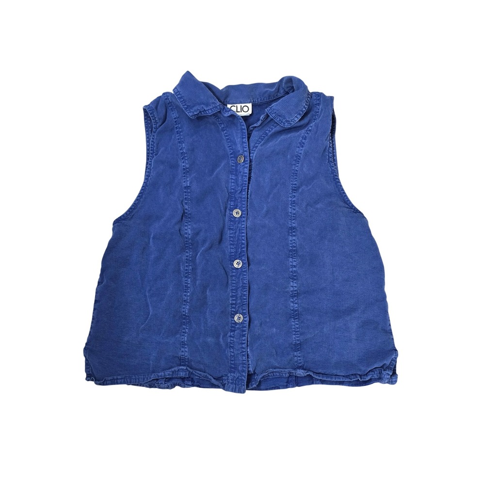 Vintage Clio Royal Blue Lyocell Rayon Button Front Tie Back Vest Made in USA L